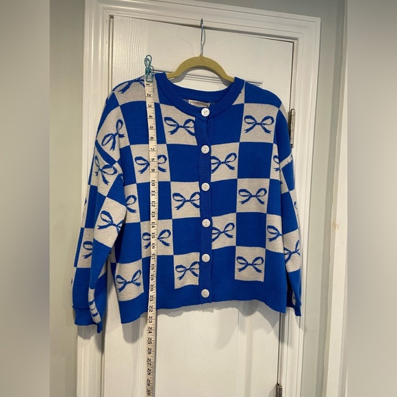 NWT Sincerely Jules Size XS Blue Check Bows Soft Stretch Crew Button Cardigan - Picture 7 of 11